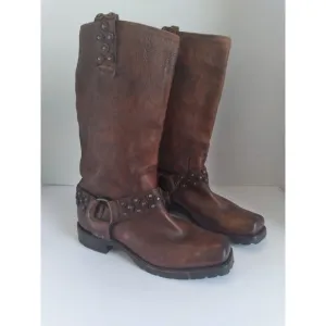 Vintage Studded Leather Motorcycle Boots, Distressed Brown,‎ Tall Riding