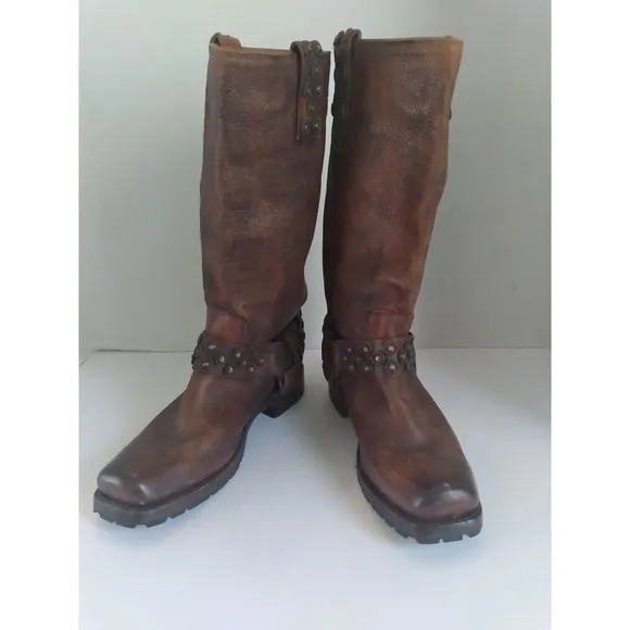Vintage Studded Leather Motorcycle Boots, Distressed Brown,‎ Tall Riding