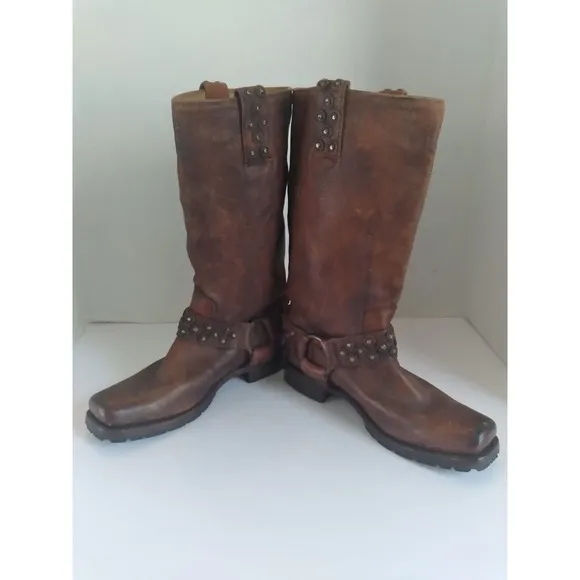 Vintage Studded Leather Motorcycle Boots, Distressed Brown,‎ Tall Riding