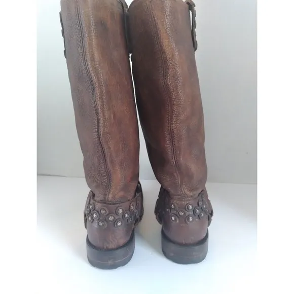 Vintage Studded Leather Motorcycle Boots, Distressed Brown,‎ Tall Riding