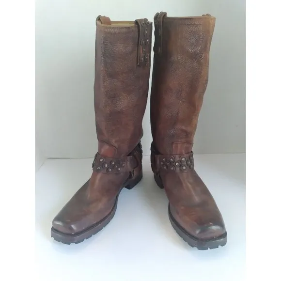 Vintage Studded Leather Motorcycle Boots, Distressed Brown,‎ Tall Riding