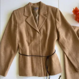 Vintage Tweed Skirt Suit Jacket &amp; Skirt With Belt Tan 8P