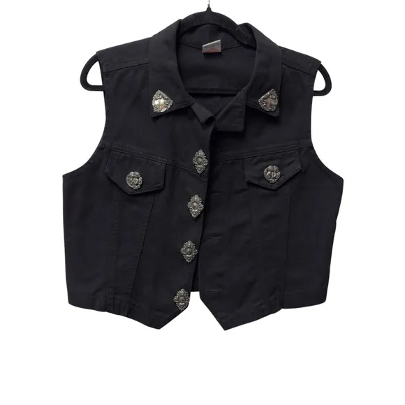 Vintage Watch LA Black Denim Festival Western Biker Y2K Vest with Silver Accents