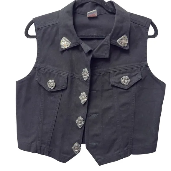 Vintage Watch LA Black Denim Festival Western Biker Y2K Vest with Silver Accents