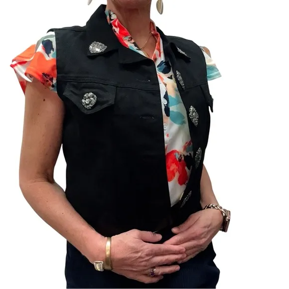 Vintage Watch LA Black Denim Festival Western Biker Y2K Vest with Silver Accents
