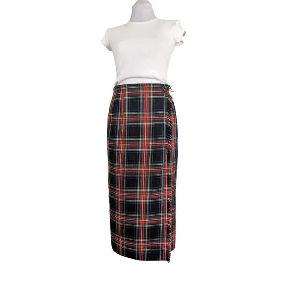 Vintage Wool Maxi Skirt Wrap Plaid Tartan Red Green Holiday Prep Classic USA 12