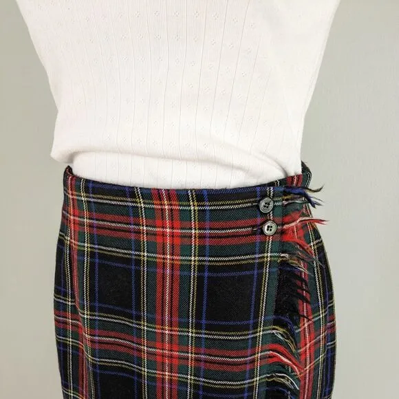 Vintage Wool Maxi Skirt Wrap Plaid Tartan Red Green Holiday Prep Classic USA 12
