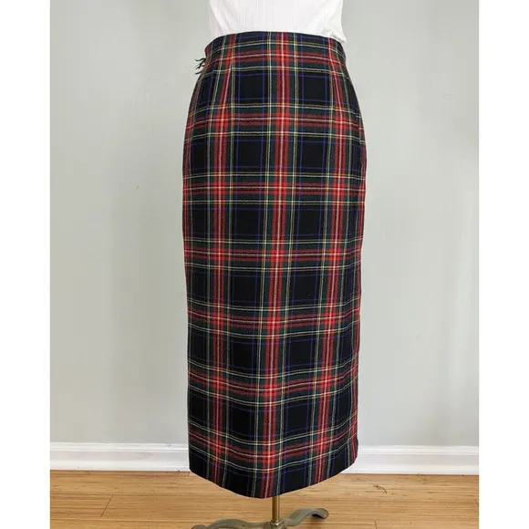 Vintage Wool Maxi Skirt Wrap Plaid Tartan Red Green Holiday Prep Classic USA 12
