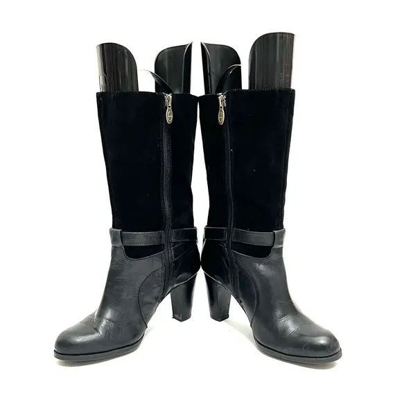 Vintage Y2K black suede and leather strappy heeled zip up fashion boots