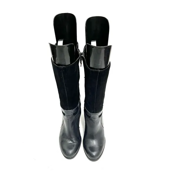 Vintage Y2K black suede and leather strappy heeled zip up fashion boots