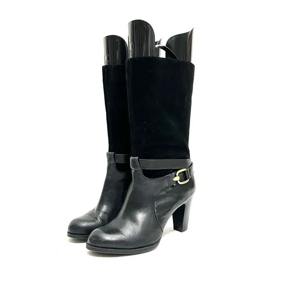 Vintage Y2K black suede and leather strappy heeled zip up fashion boots