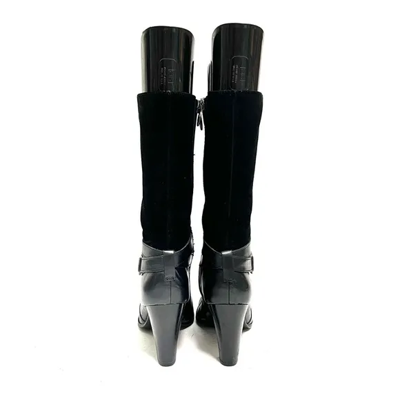 Vintage Y2K black suede and leather strappy heeled zip up fashion boots