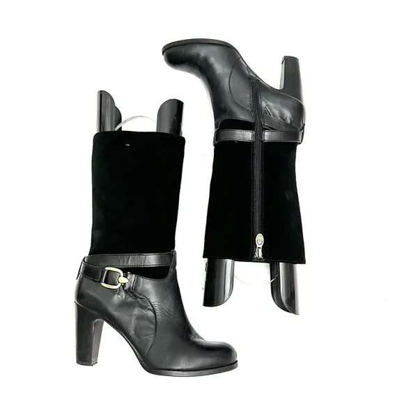 Vintage Y2K black suede and leather strappy heeled zip up fashion boots