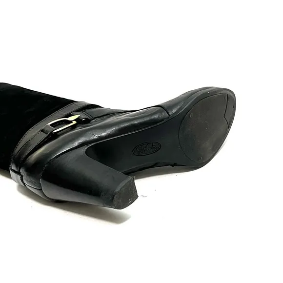 Vintage Y2K black suede and leather strappy heeled zip up fashion boots