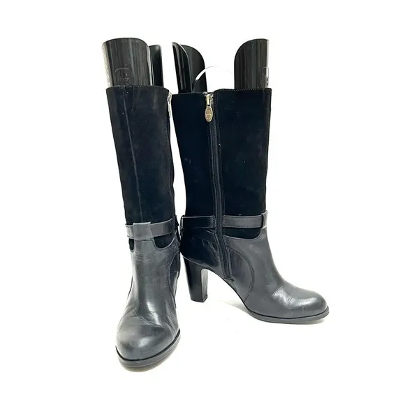 Vintage Y2K black suede and leather strappy heeled zip up fashion boots