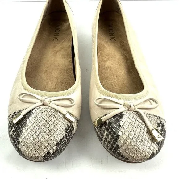 Vionic 7.5 Flats Minna Snakeskin Cap Toe Slip On Shoes Comfort Arch Support