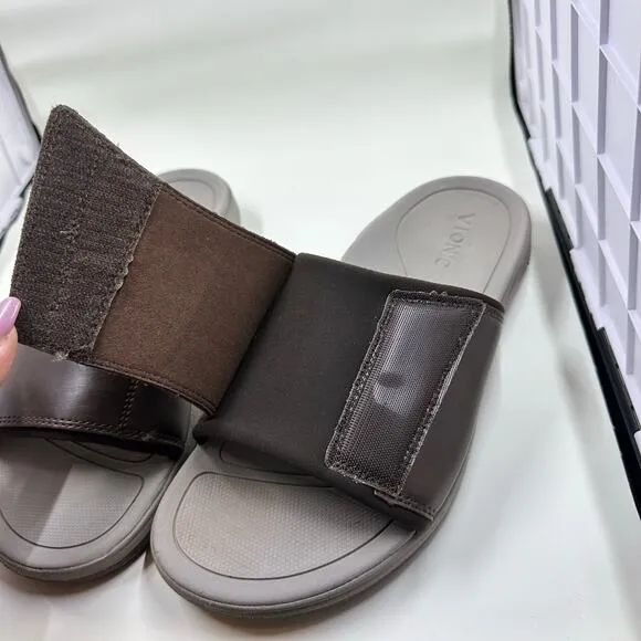 Vionic Stanley Brown Leather Slides Supportive Velcro Size 7 Men or 9 Women UEC!