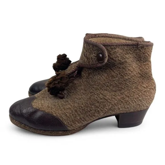 VTG 30s Women Victorian Booties Boots Size 8 Brown Wool Leather Prairie Peasant