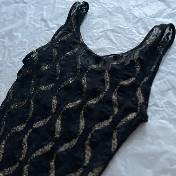 VTG 80s S sheer lace jumpsuit bodycon gold wavy lines disco small roller skating
