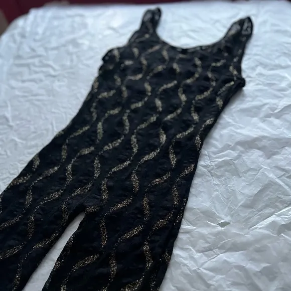 VTG 80s S sheer lace jumpsuit bodycon gold wavy lines disco small roller skating