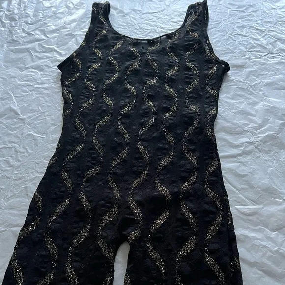 VTG 80s S sheer lace jumpsuit bodycon gold wavy lines disco small roller skating