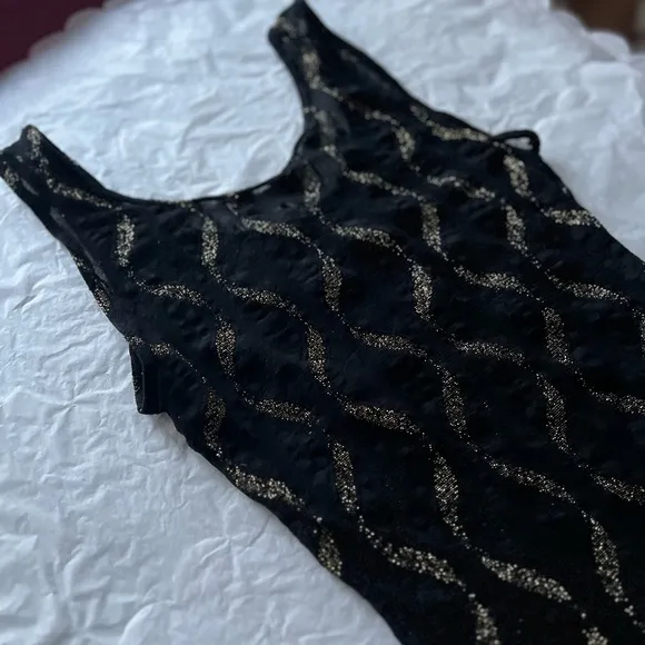 VTG 80s S sheer lace jumpsuit bodycon gold wavy lines disco small roller skating