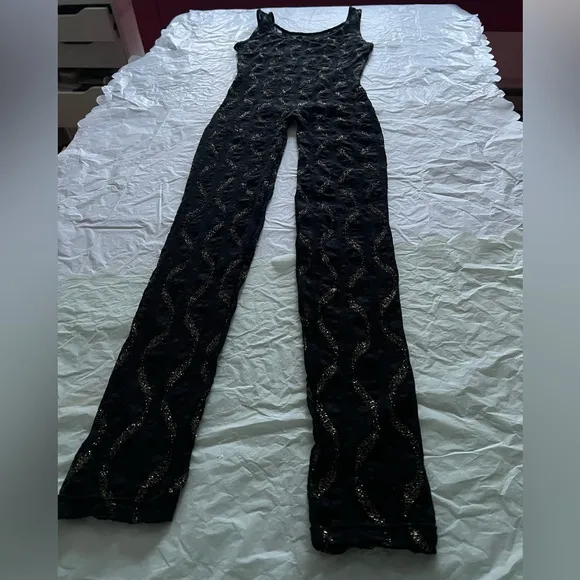 VTG 80s S sheer lace jumpsuit bodycon gold wavy lines disco small roller skating