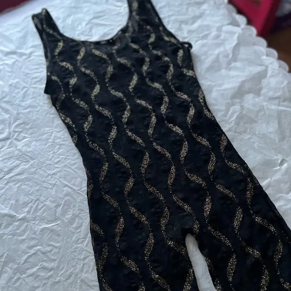 VTG 80s S sheer lace jumpsuit bodycon gold wavy lines disco small roller skating