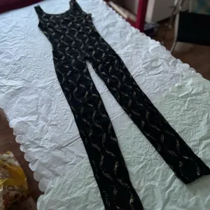 VTG 80s S sheer lace jumpsuit bodycon gold wavy lines disco small roller skating
