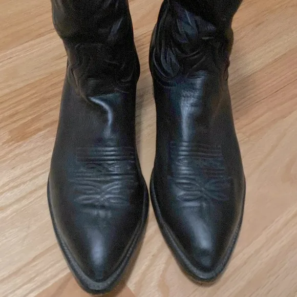 VTG Texas Western Black Leather Cowboy Work Boots Mens 10D Western pointed toe