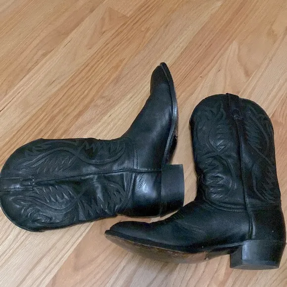 VTG Texas Western Black Leather Cowboy Work Boots Mens 10D Western pointed toe