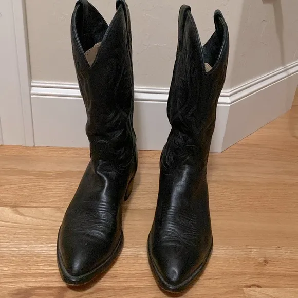 VTG Texas Western Black Leather Cowboy Work Boots Mens 10D Western pointed toe