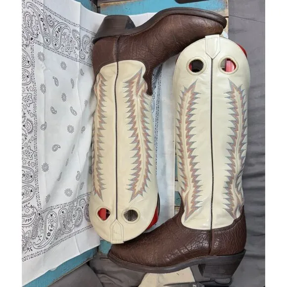 VTG Tony Lama Tall Brown/Ivory Bullhide Buckaroo Cowboy Boots 4820 Mens 9D USA