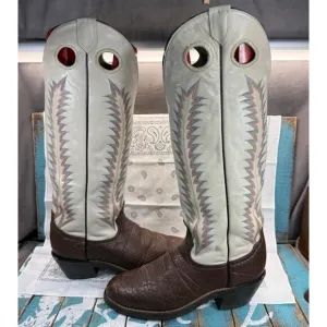VTG Tony Lama Tall Brown/Ivory Bullhide Buckaroo Cowboy Boots 4820 Mens 9D USA