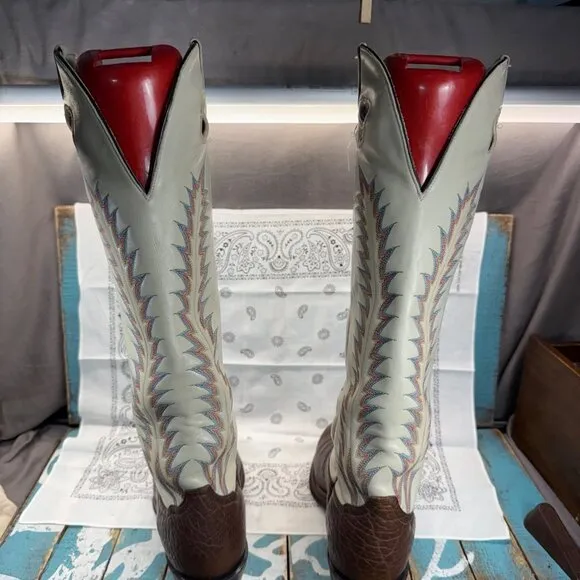 VTG Tony Lama Tall Brown/Ivory Bullhide Buckaroo Cowboy Boots 4820 Mens 9D USA