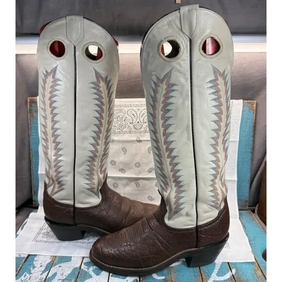 VTG Tony Lama Tall Brown/Ivory Bullhide Buckaroo Cowboy Boots 4820 Mens 9D USA