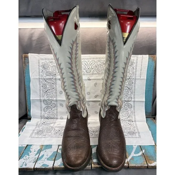 VTG Tony Lama Tall Brown/Ivory Bullhide Buckaroo Cowboy Boots 4820 Mens 9D USA