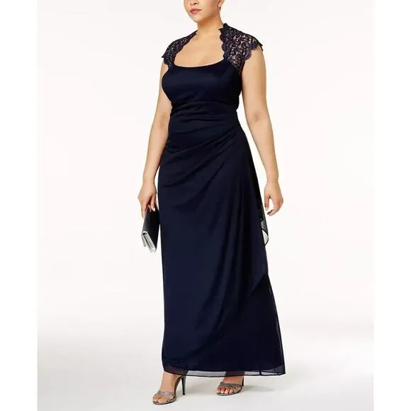 Vtg Y2K Xscape Maxi Dress Sz 14 Navy Babydoll Lace Sheer Formal Gown Prom Ruched