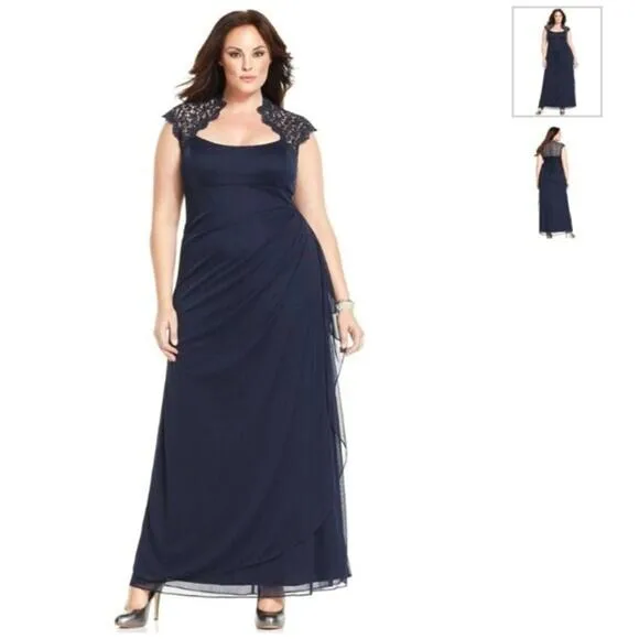 Vtg Y2K Xscape Maxi Dress Sz 14 Navy Babydoll Lace Sheer Formal Gown Prom Ruched
