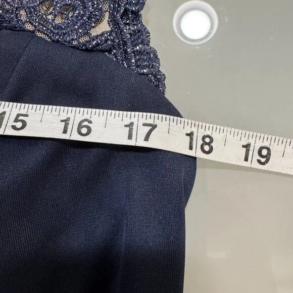 Vtg Y2K Xscape Maxi Dress Sz 14 Navy Babydoll Lace Sheer Formal Gown Prom Ruched