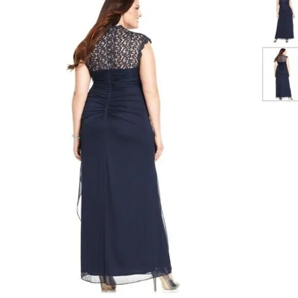 Vtg Y2K Xscape Maxi Dress Sz 14 Navy Babydoll Lace Sheer Formal Gown Prom Ruched