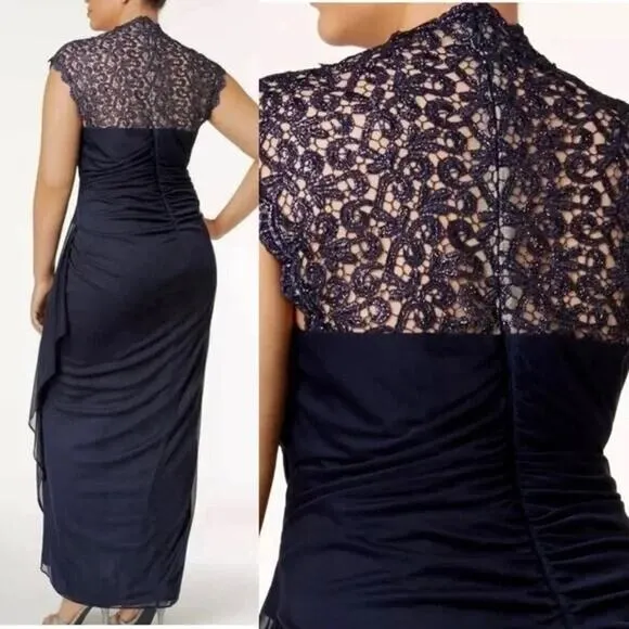 Vtg Y2K Xscape Maxi Dress Sz 14 Navy Babydoll Lace Sheer Formal Gown Prom Ruched