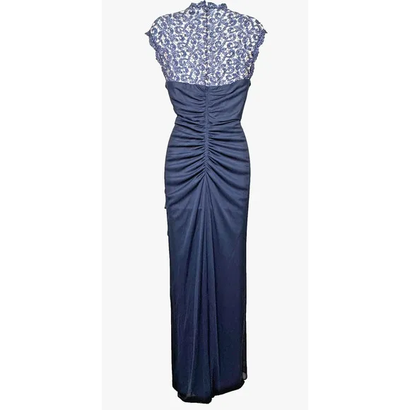 Vtg Y2K Xscape Maxi Dress Sz 14 Navy Babydoll Lace Sheer Formal Gown Prom Ruched
