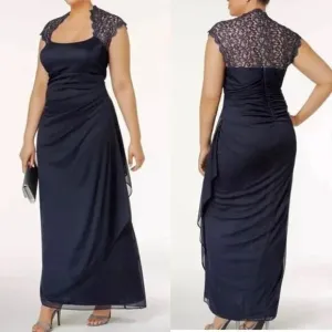 Vtg Y2K Xscape Maxi Dress Sz 14 Navy Babydoll Lace Sheer Formal Gown Prom Ruched