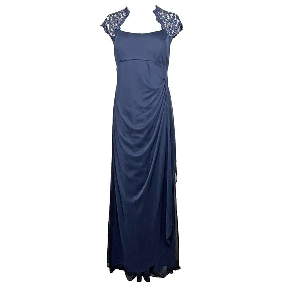 Vtg Y2K Xscape Maxi Dress Sz 14 Navy Babydoll Lace Sheer Formal Gown Prom Ruched