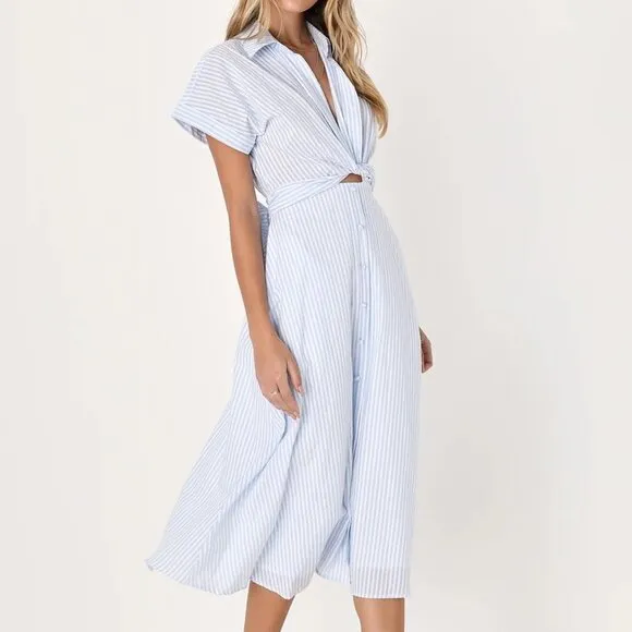 White and Blue Midi Dress with Pockets - Casual &amp; Charming