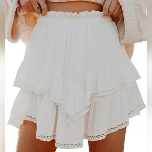 White Cream Cowgirl Style Lace Trim Ruffled Skirt