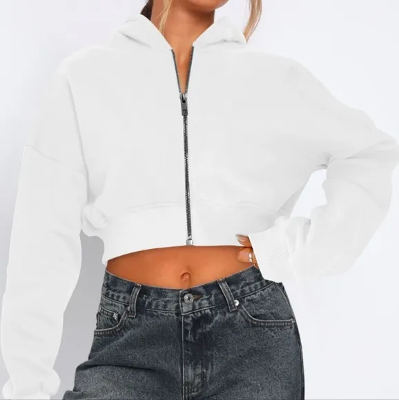 White Cropped Hooded Zip-Up Jacket