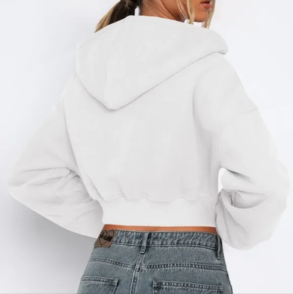 White Cropped Hooded Zip-Up Jacket