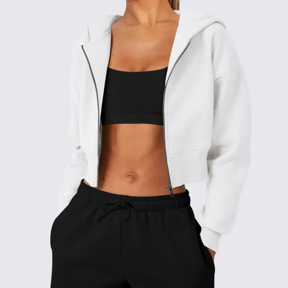 White Cropped Hooded Zip-Up Jacket